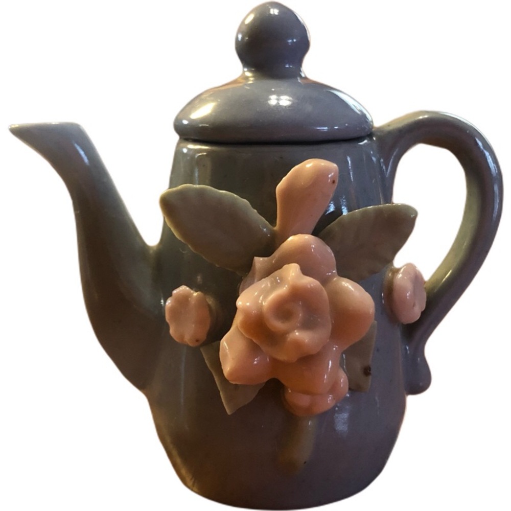 Made in Occupied Japan Small Blue Ceramic Lidded Pitcher with Raised Flowers